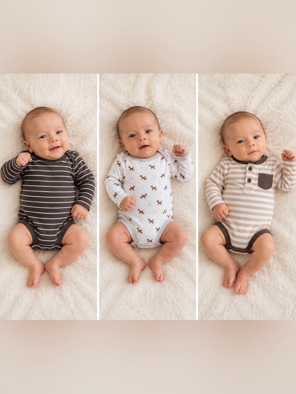NEWBORN Carter's Brown, Cream & White Striped and Fox Print Baby Bodysuits